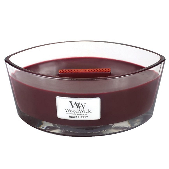 WoodWick Black Cherry - Black cherry scented candle with wooden wide wick and glass ship lid 453 g