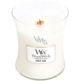 WoodWick White Teak - White teak scented candle with wooden wick and glass lid medium 275 g