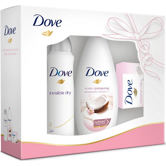 Dove Coconut milk and jasmine flowers shower gel 250 ml + antiperspirant spray 150 ml + toilet soap 100 g, cosmetic set