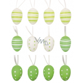 Eggs plastic green for hanging 4 cm, 12 pieces in a bag with 2 flowers