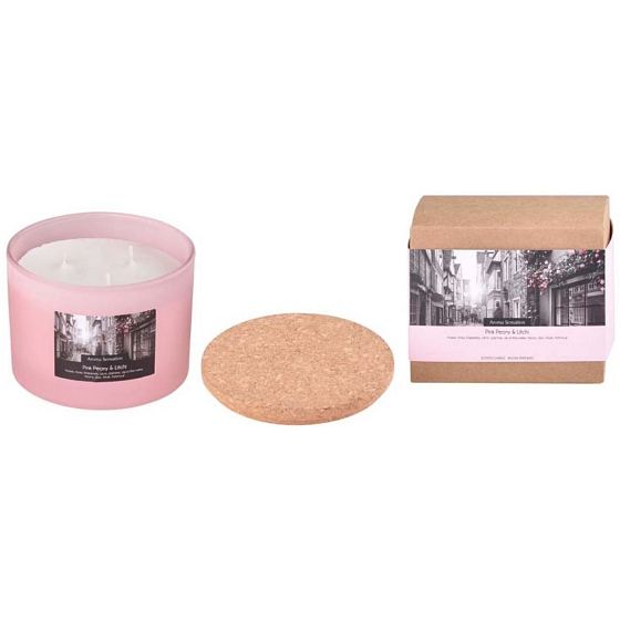 Arome Aroma Sensation Pink Peony & Litchi scented candle in glass with cork lid 100 x 80 mm 3 wicks
