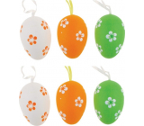 Plastic eggs white-orange-green for hanging 6 cm, 6 pieces in a bag