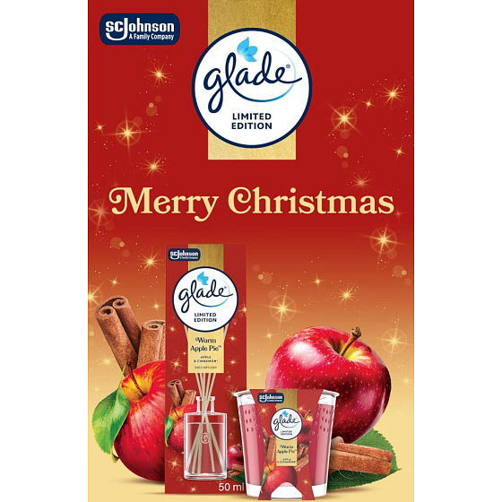 Glade Merry Christmas Warm Apple Pie apple and cinnamon scented sticks and scented candle 50 ml + 112 g, gift set