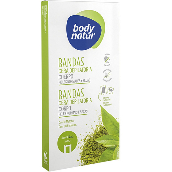 Body Natur Matcha tea epilating wax strips for normal and dry skin 16 pieces + epilating wipes 2 pieces