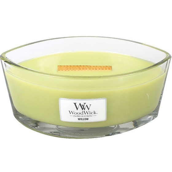 WoodWick Willow - Willow flowers scented candle with wooden wide wick and lid glass boat 453 g