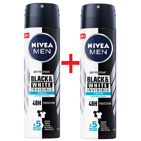Nivea Men Invisible Black & White Fresh antiperspirant deodorant spray 2 x 150 ml, duopack for men