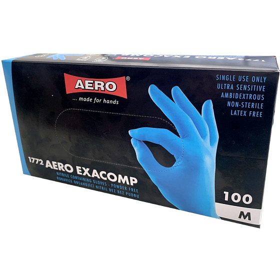 Aero Exacomp Hygienic Disposable Nitrile Gloves, Antiallergenic, Powder-Free, Size M, Box of 100 Pieces, Blue